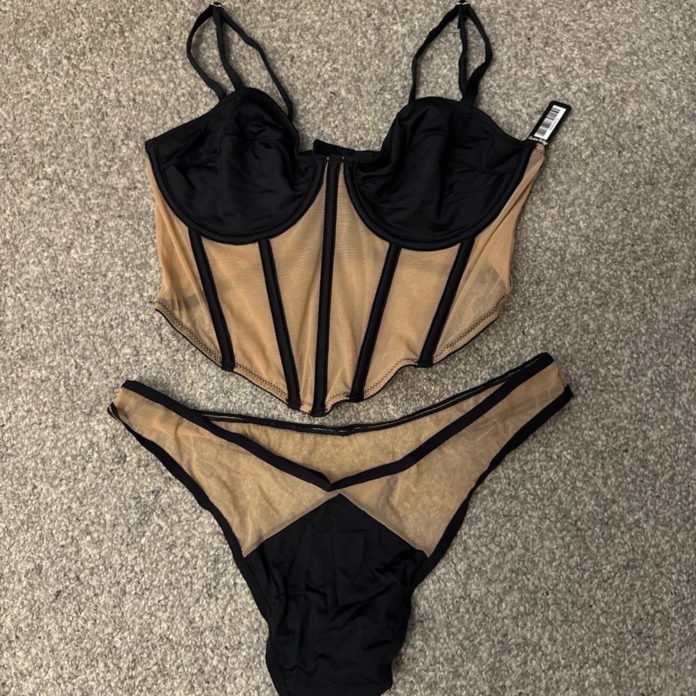 Stylish Black and Tan Mesh Lingerie Set